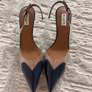 Authentic Alaia Clear Le Coeur Slingback Heels with Navy Heart/Trim